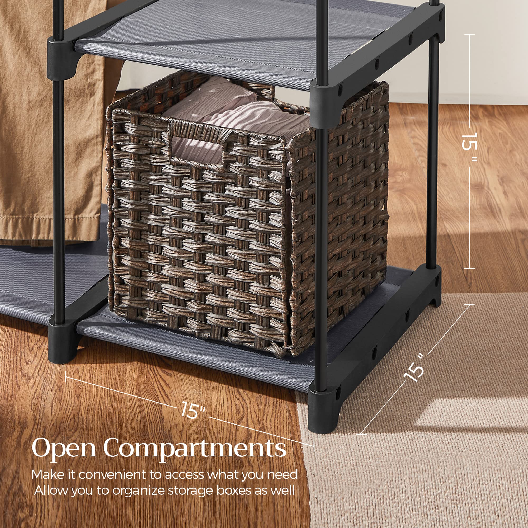 SONGMICS closet staged in bedroom showing tidy storage and compact footprint advantage