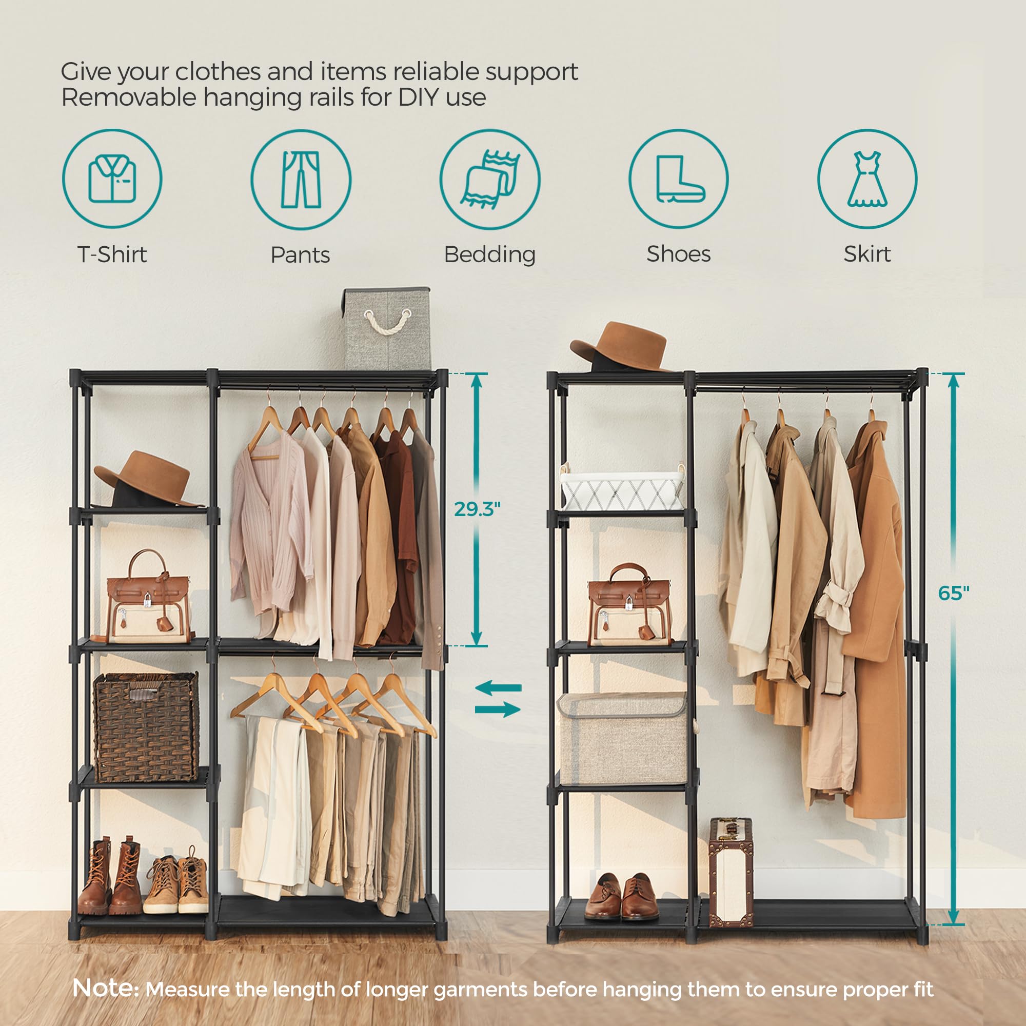 SONGMICS closet with long coat hanging after middle shelf removal for extra length