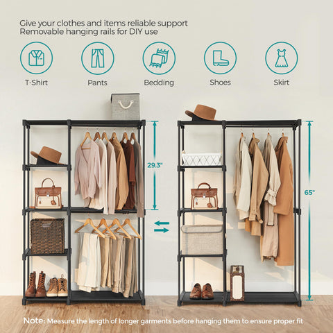 SONGMICS closet with long coat hanging after middle shelf removal for extra length