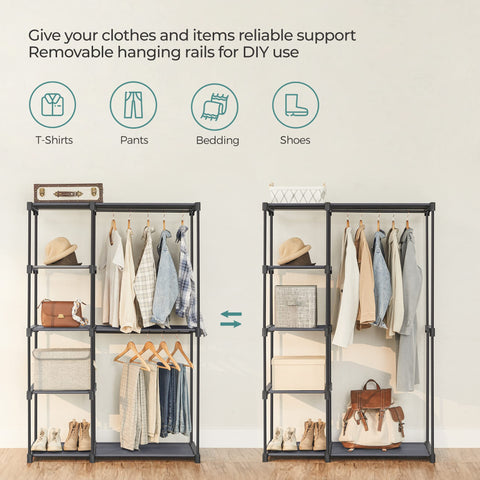 SONGMICS closet with long dress hung after removing middle shelf demonstrating versatile storage