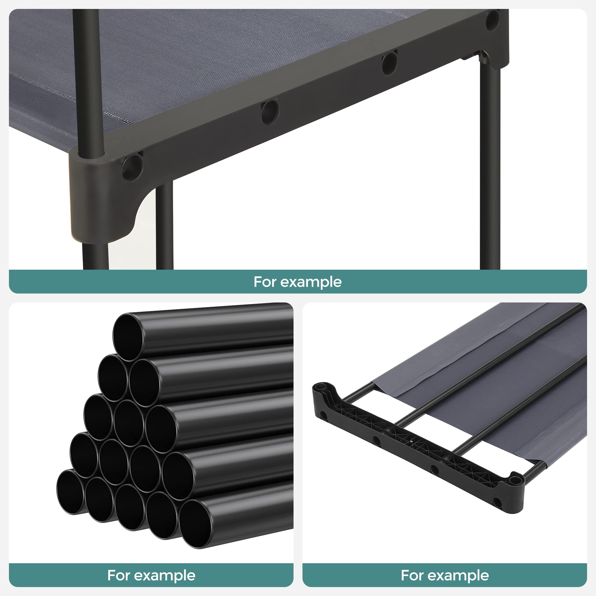 SONGMICS packaging and labeled parts laid out to show tool-free assembly convenience