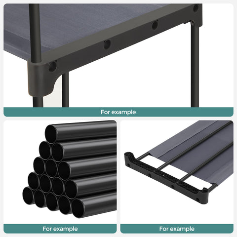SONGMICS packaging and labeled parts laid out to show tool-free assembly convenience