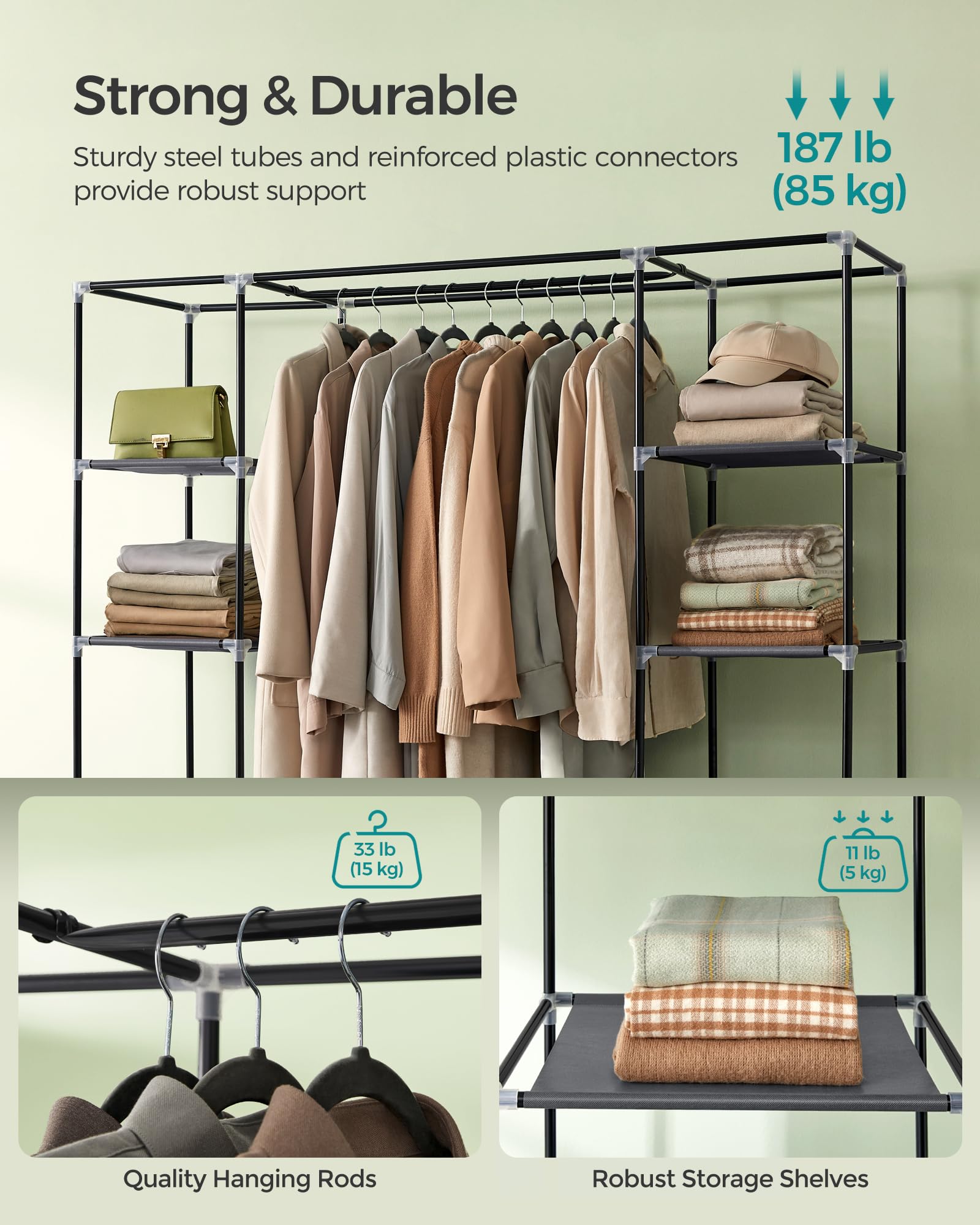 SONGMICS shelf with neatly folded clothes illustrating tidy folded storage