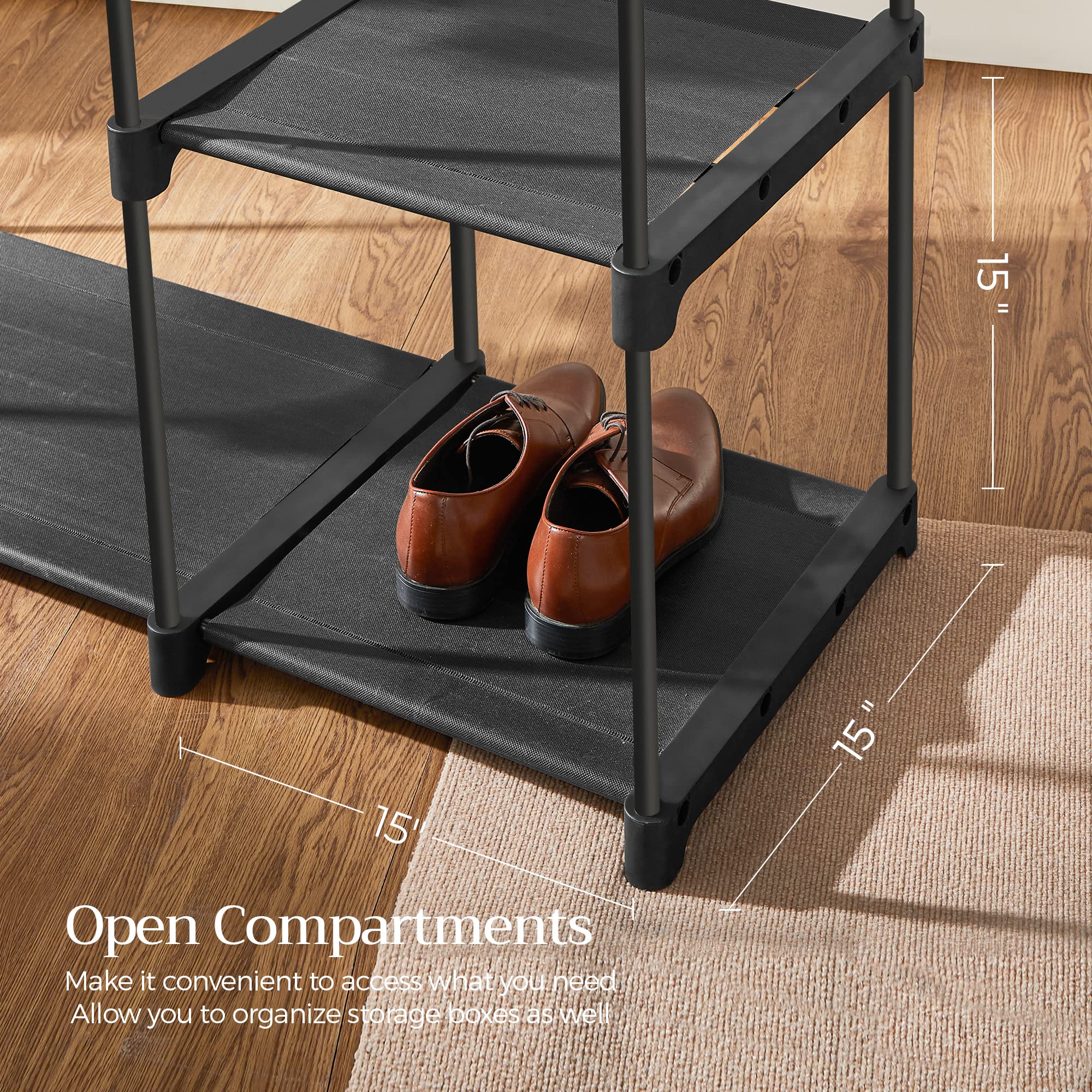 SONGMICS shelves stacked with shoes demonstrating neat shoe and accessory storage