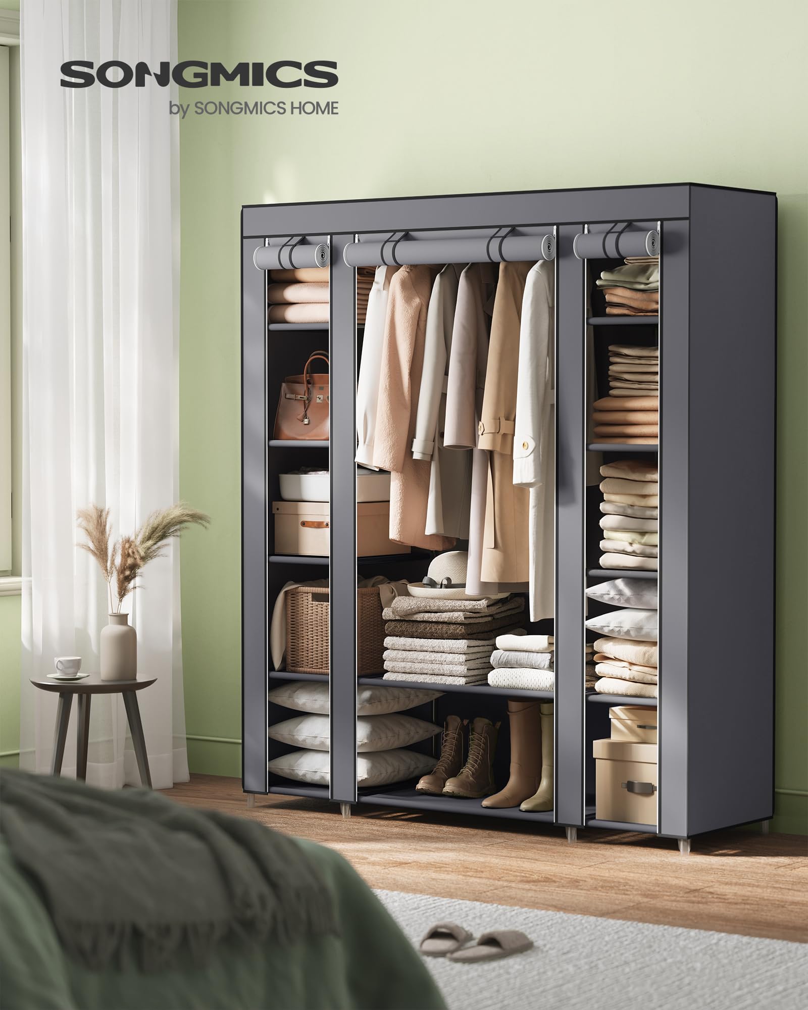 SONGMICS zipper detail on gray fabric door for easy access and dust-free storage