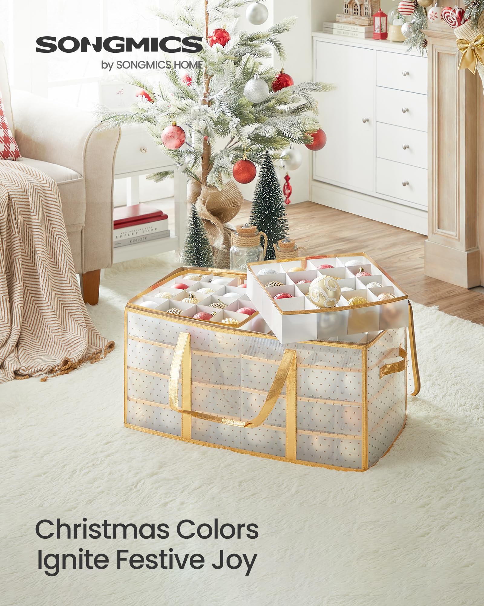 SONGMICS close-up of modular divider grid protecting fragile ornaments