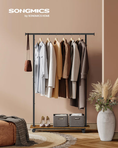 SONGMICS shelf close-up displaying particleboard texture and sturdy storage benefit