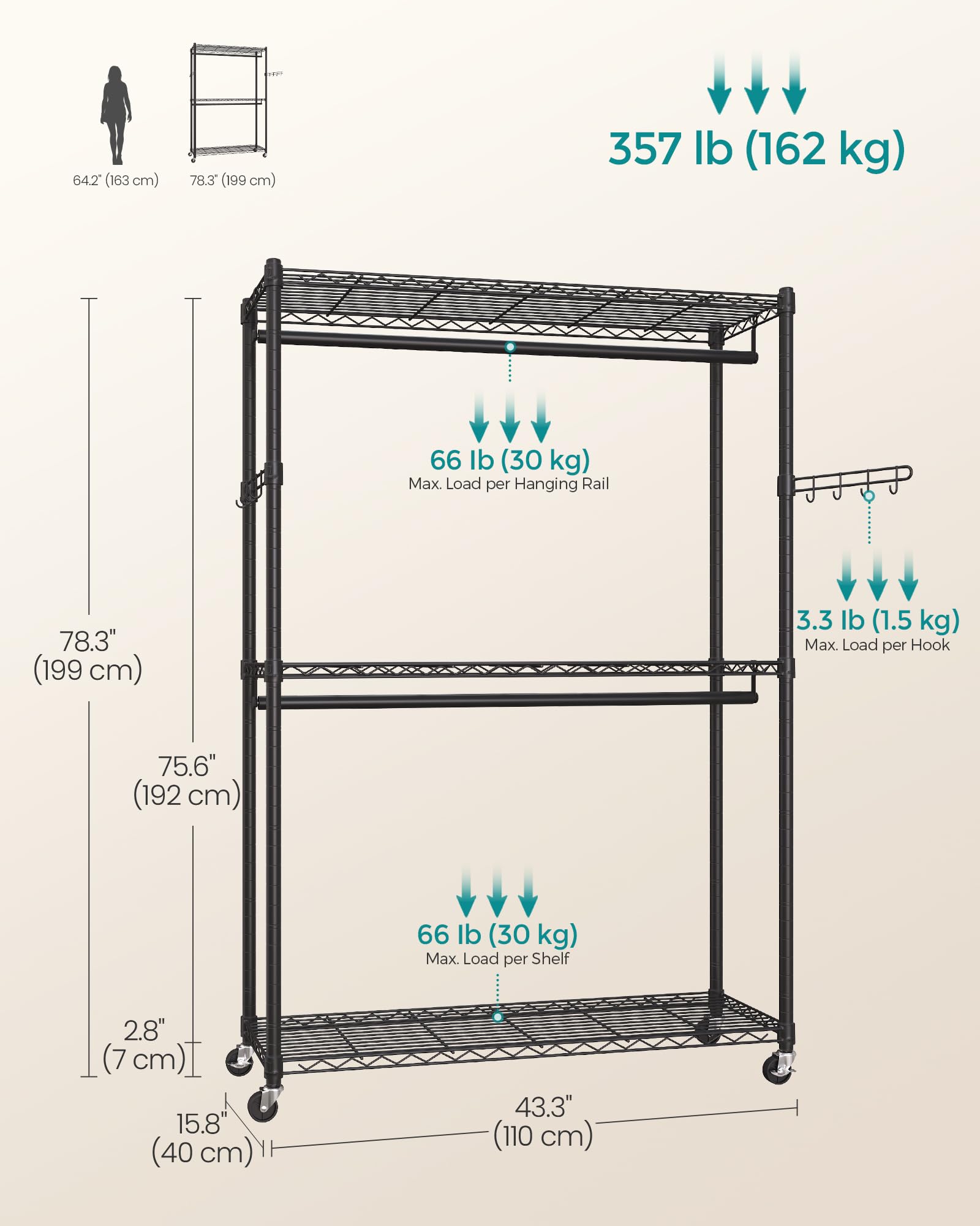 SONGMICS scale comparison with clothes showing generous 357 lb capacity benefit