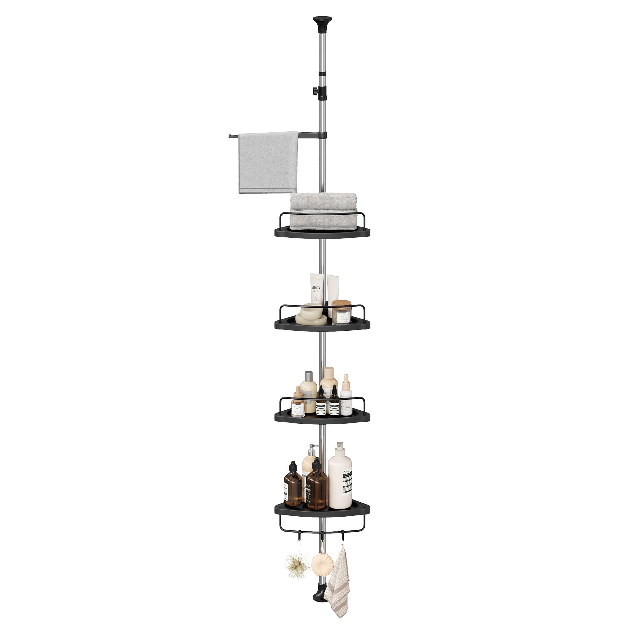 SONGMICS front view of corner shower caddy showing overall storage and neat organization