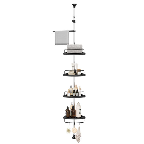 SONGMICS front view of corner shower caddy showing overall storage and neat organization
