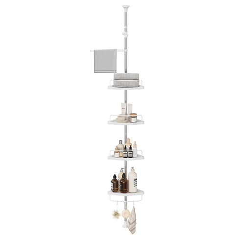 SONGMICS corner shower caddy front view showing four tiers and tidy storage benefit