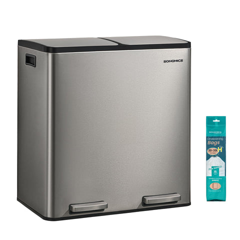 SONGMICS double trash can front view showing sleek stainless steel and dual compartments for neat sorting