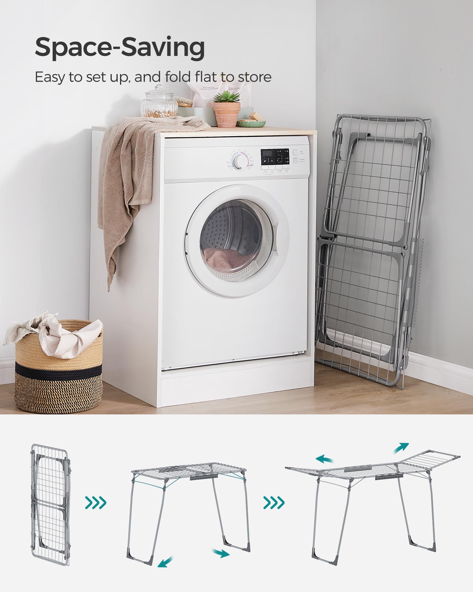 SONGMICS rack in bathroom providing organized drying benefit