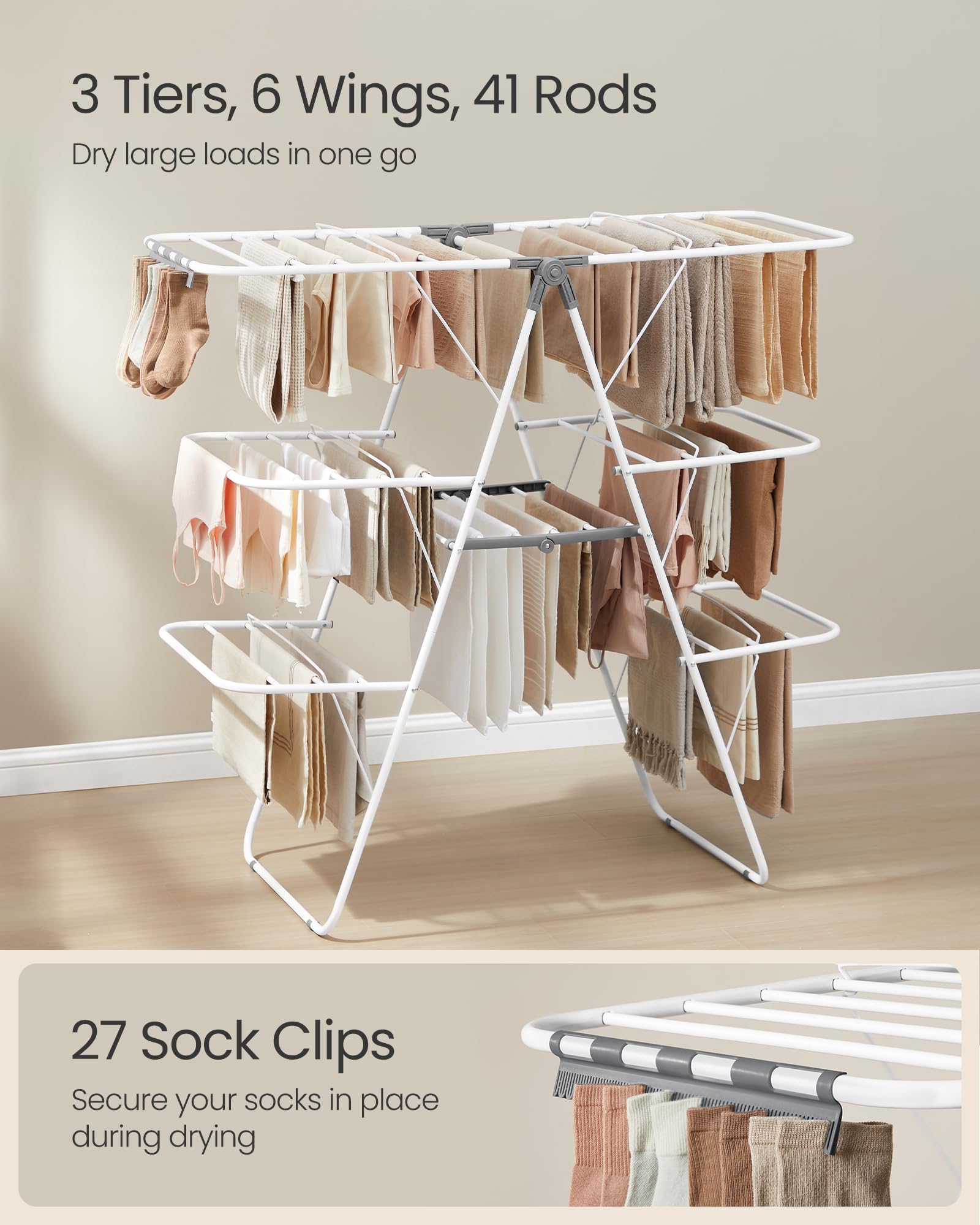 SONGMICS close-up of 27 sock clips securing small items and preventing falls benefit