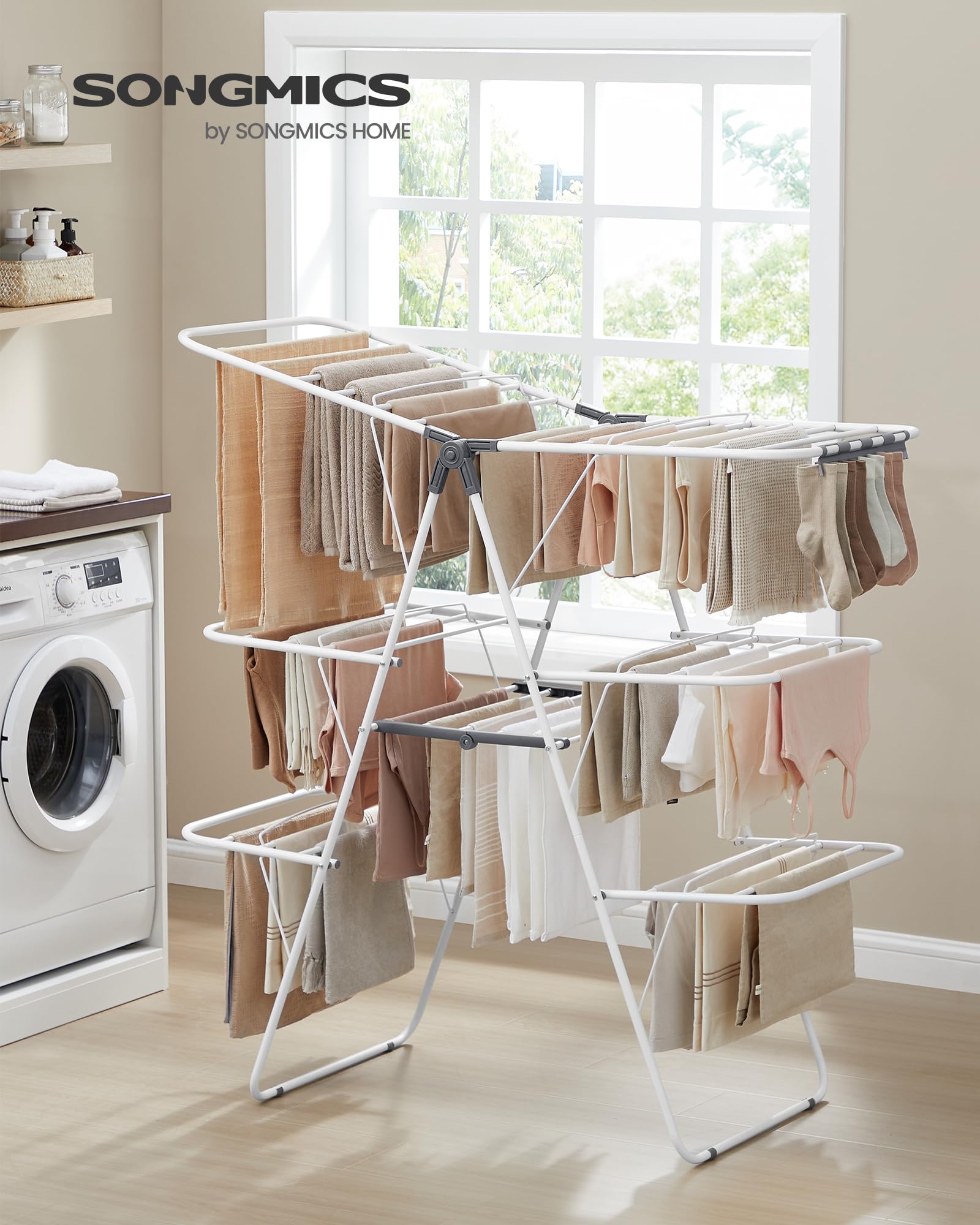 SONGMICS adjustable top wings raised to different heights for versatile hanging benefit