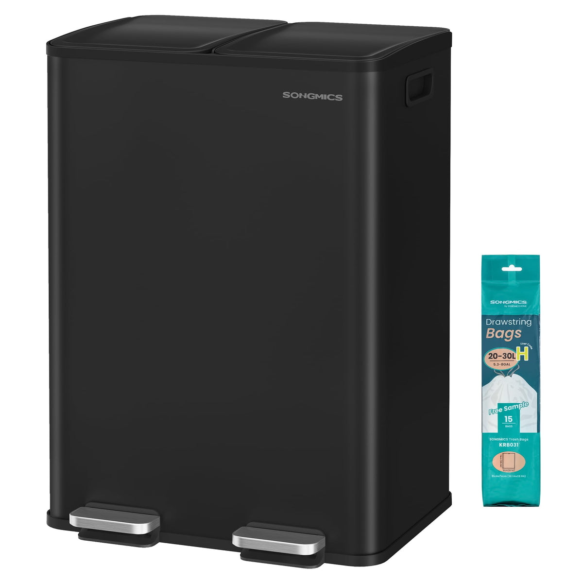 SONGMICS front view of dual-compartment bin showing sleek stainless finish and tidy look