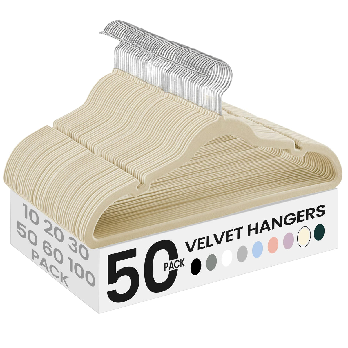 SONGMICS front view of 50-pack velvet hangers showing neat packaging and value