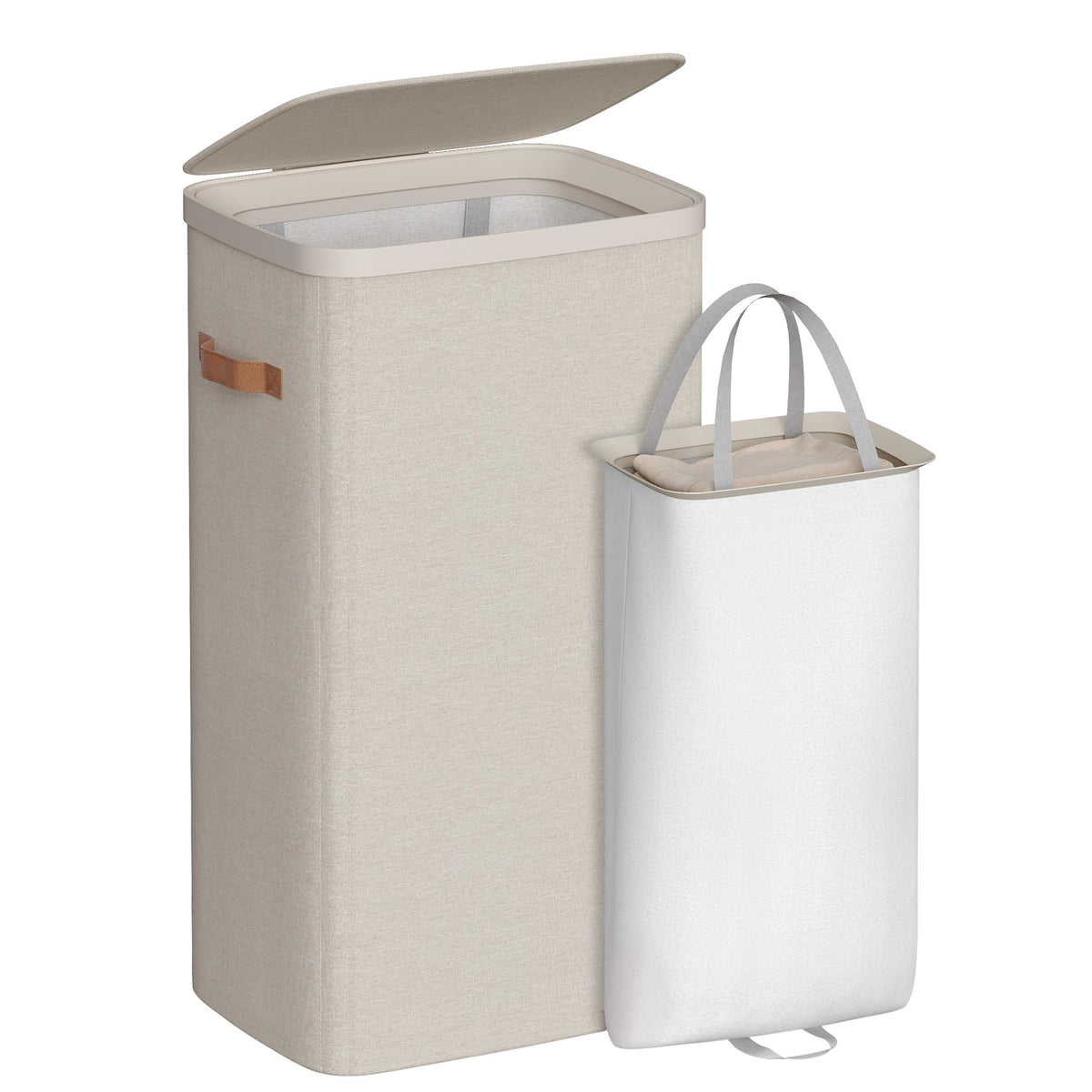 SONGMICS laundry basket front view with lid showing compact profile and neat storage