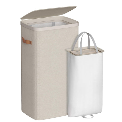 SONGMICS laundry basket front view with lid showing compact profile and neat storage
