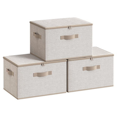 SONGMICS front view of three sand linen storage bins showing neat organization benefit