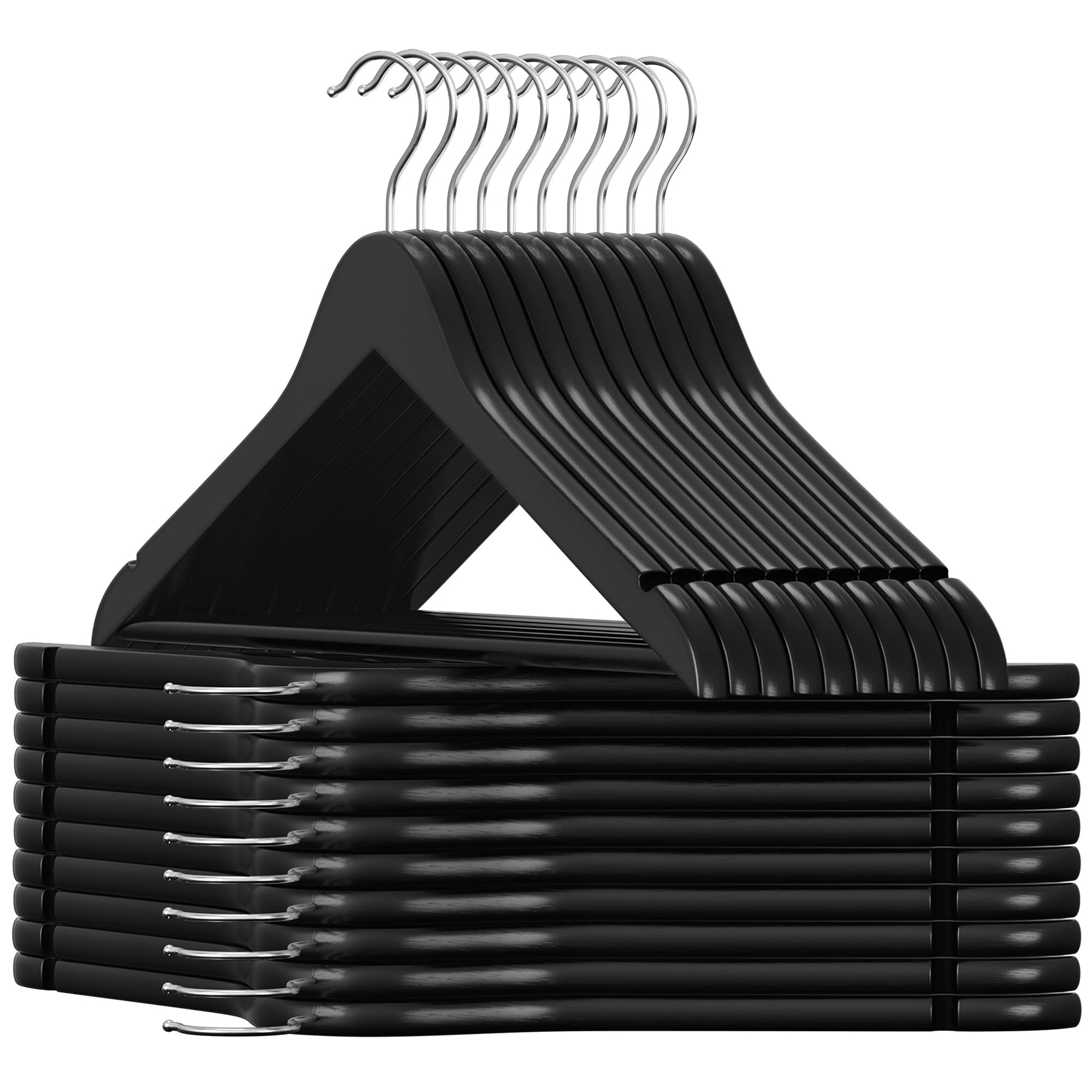 SONGMICS front view of 20-pack wooden hangers showing uniform black finish and organization benefit