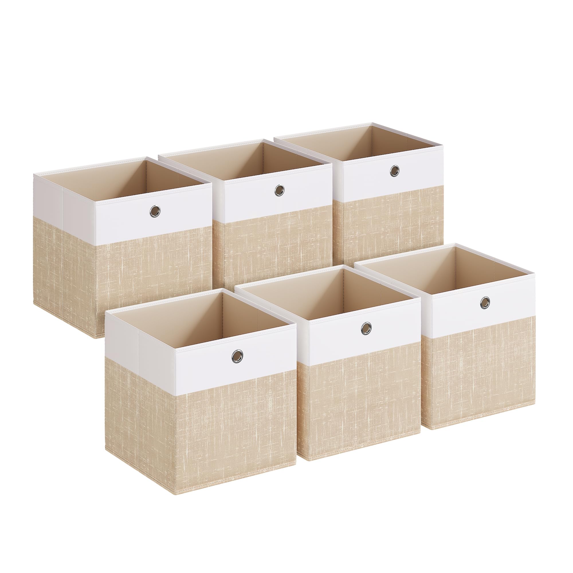 SONGMICS front view showing six linen-look storage cubes and handles for tidy shelves