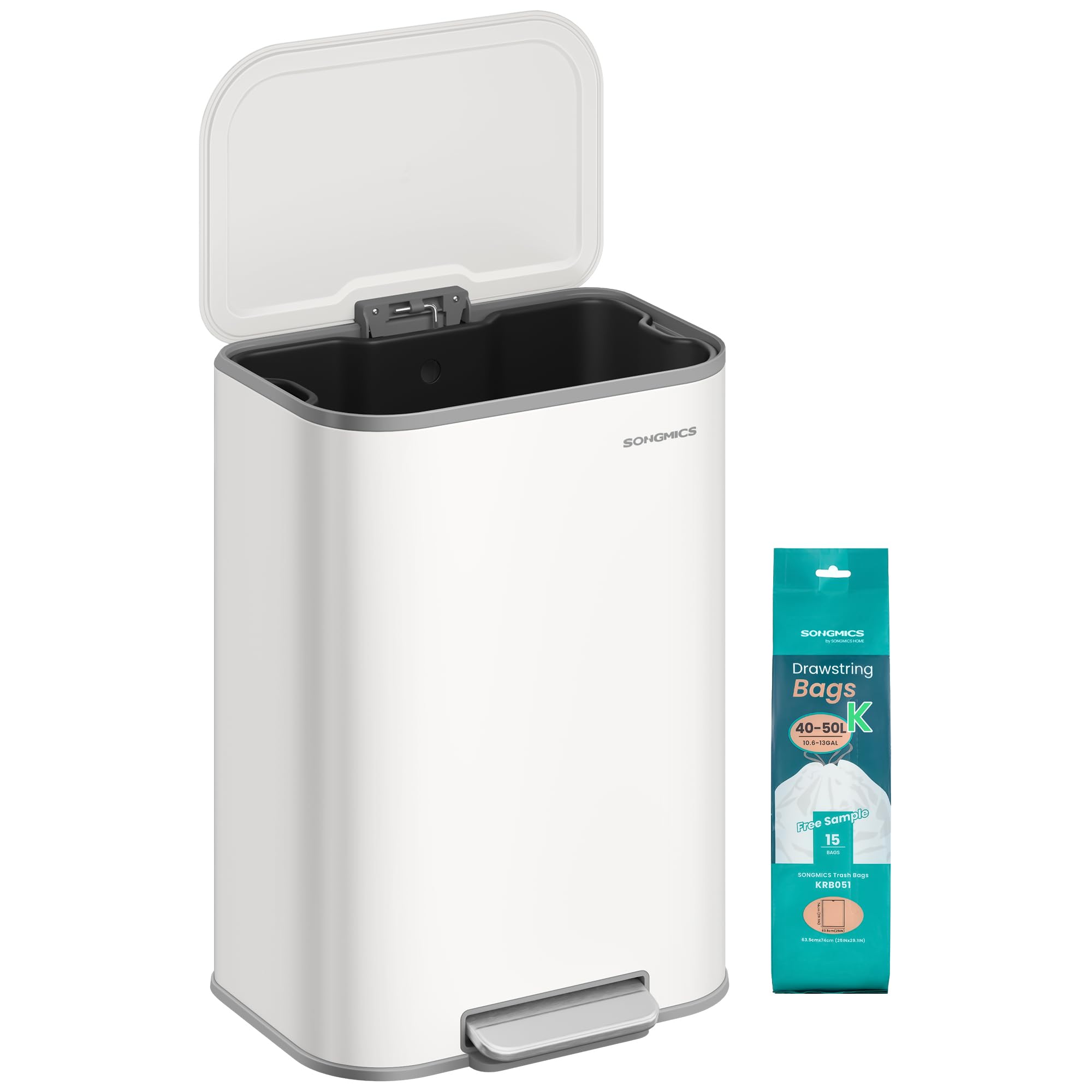 SONGMICS front view stainless steel trash can shows neat modern design and easy cleaning