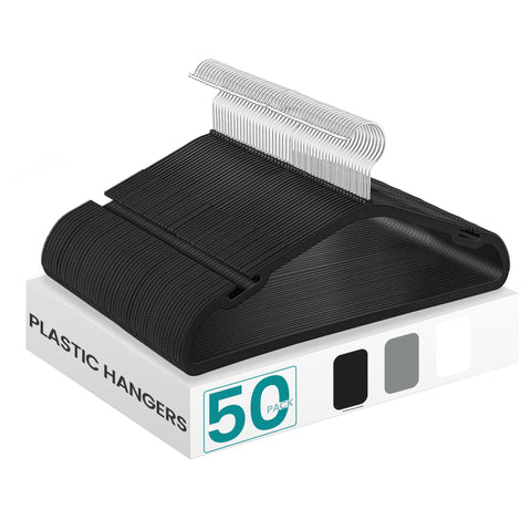 SONGMICS 50-pack front view showing neat uniform hangers and space saving