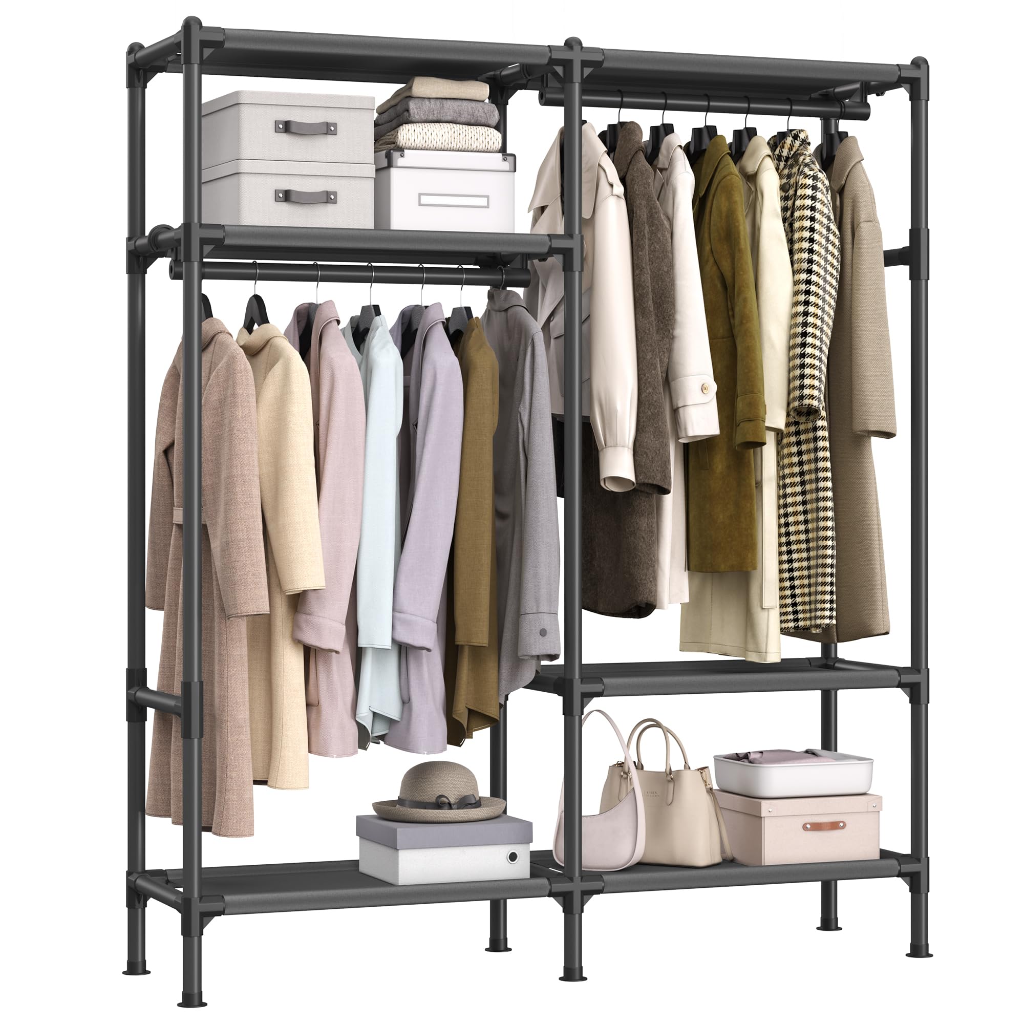 SONGMICS front view of the clothes rack showing ample storage and quick access