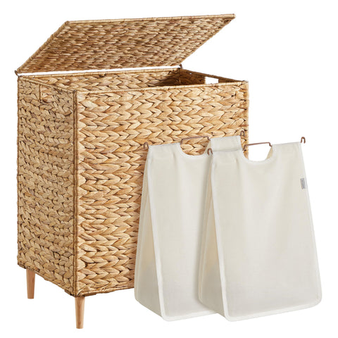 SONGMICS front view of wicker hamper showing capacity and lid benefit