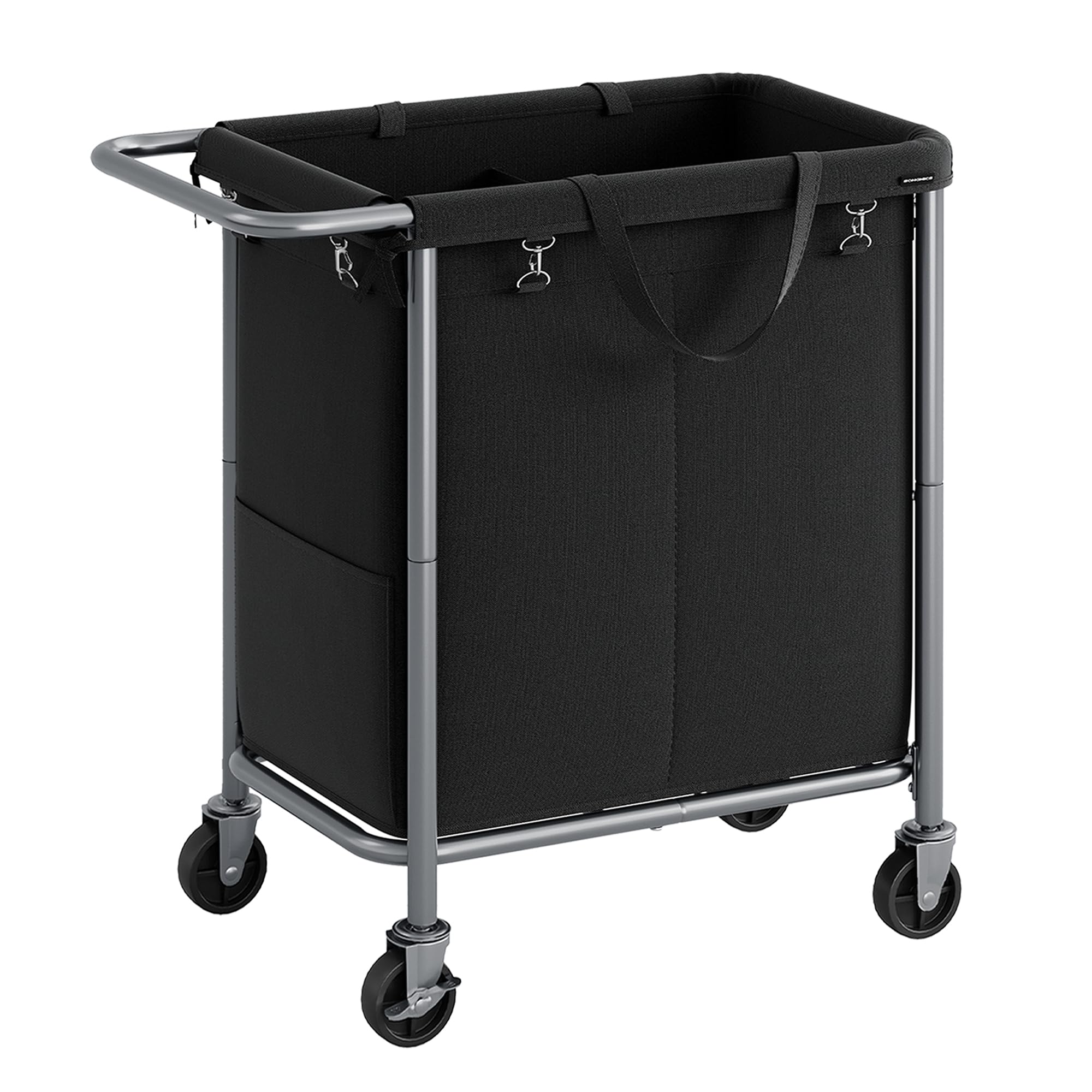 SONGMICS front view of 2-section laundry basket showing organized capacity and mobility
