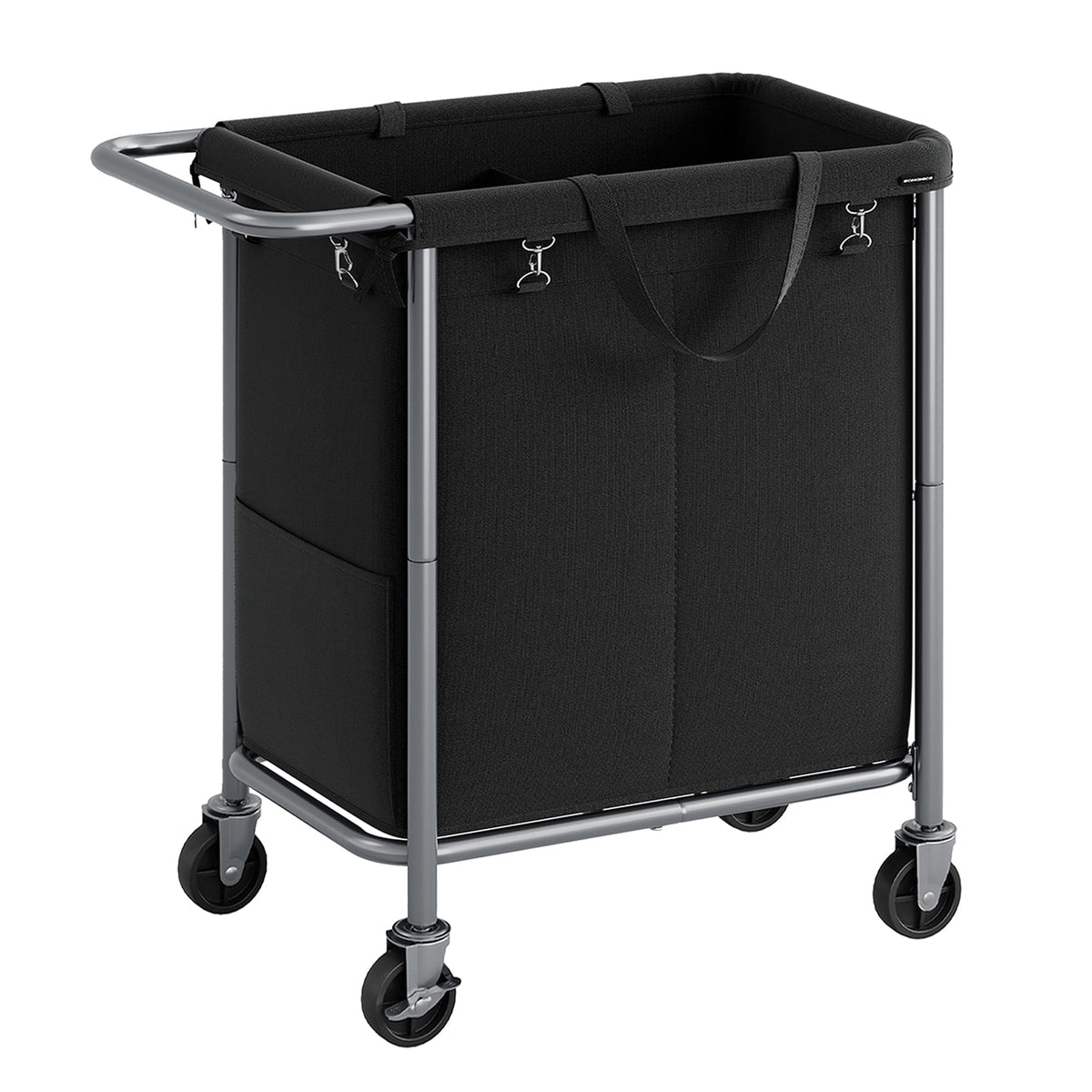 SONGMICS front view of 2-section laundry basket showing organized capacity and mobility