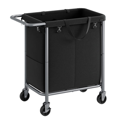 SONGMICS front view of 2-section laundry basket showing organized capacity and mobility