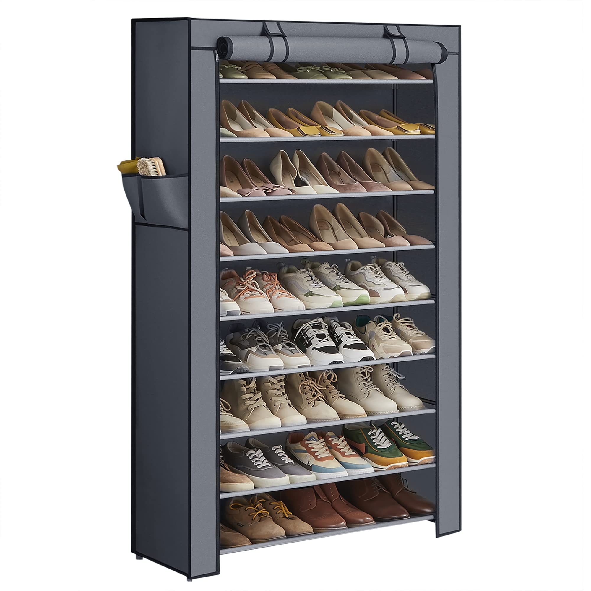 SONGMICS front view showing full 10-tier shoe rack and organized pairs