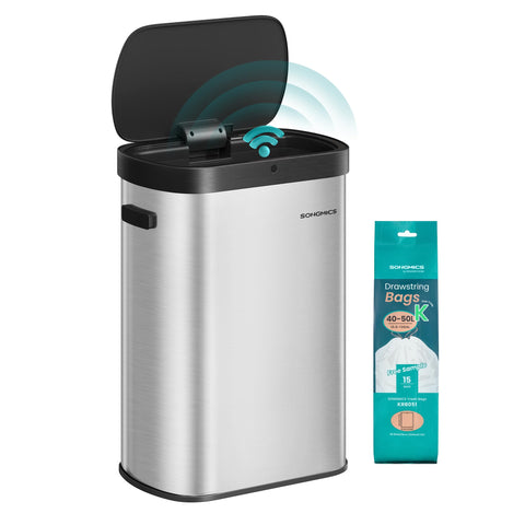 SONGMICS front view stainless steel bin showing sleek design and space saving