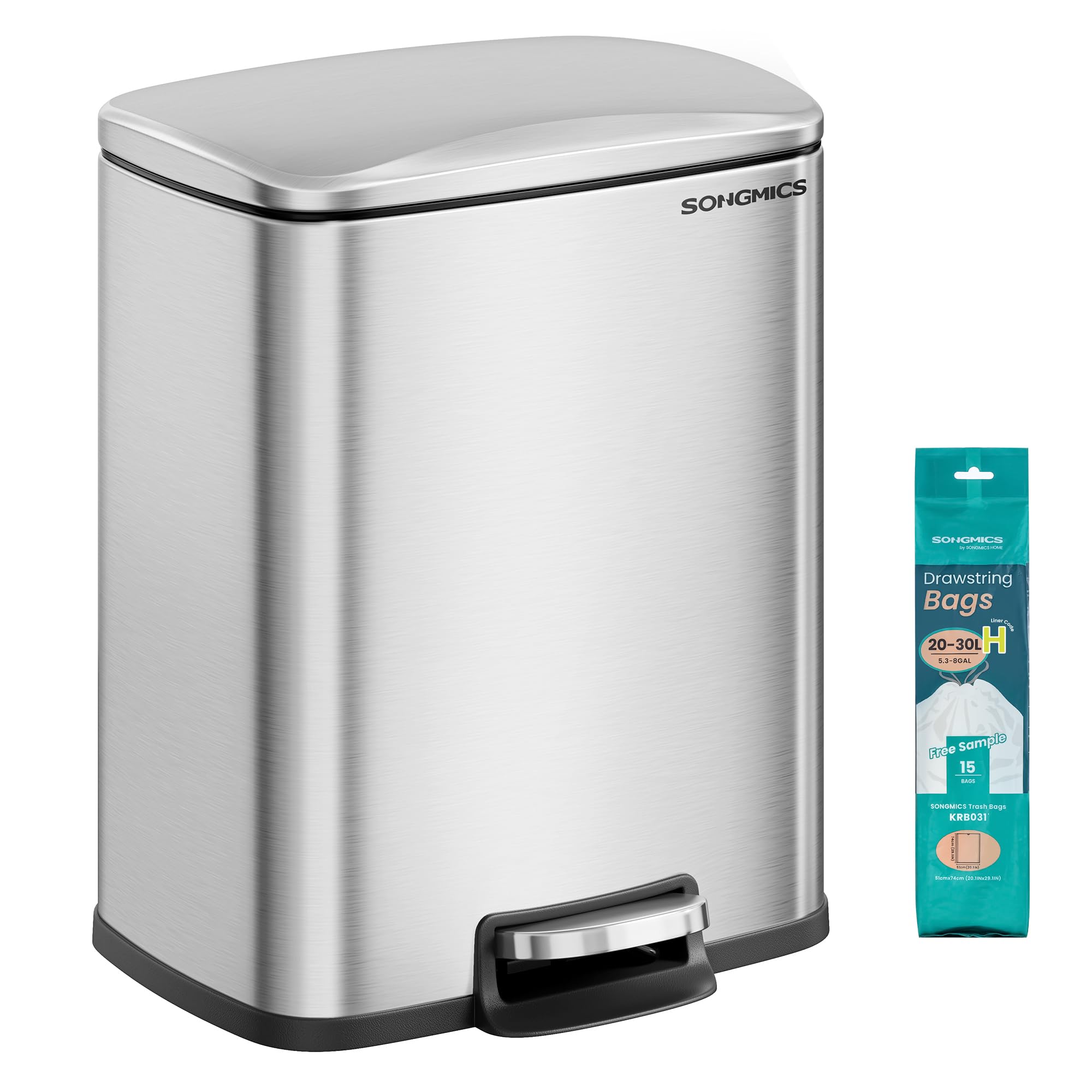 SONGMICS front view stainless trash can shows sleek design and compact fit