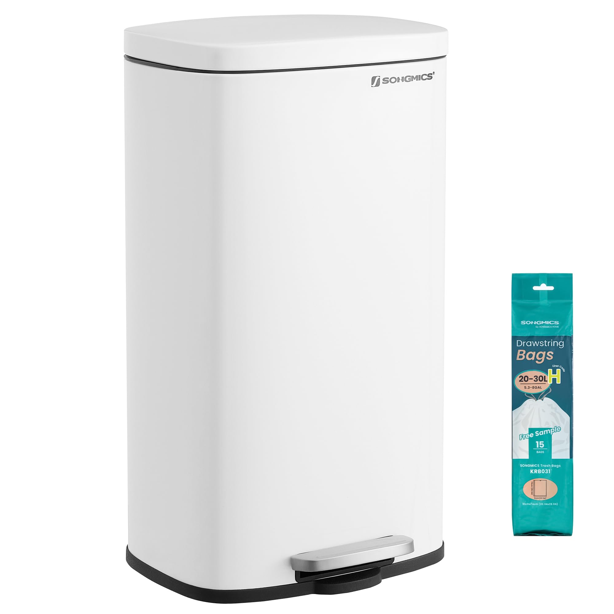 SONGMICS front view of slim stainless steel bin showing clean modern profile and space-saving benefit