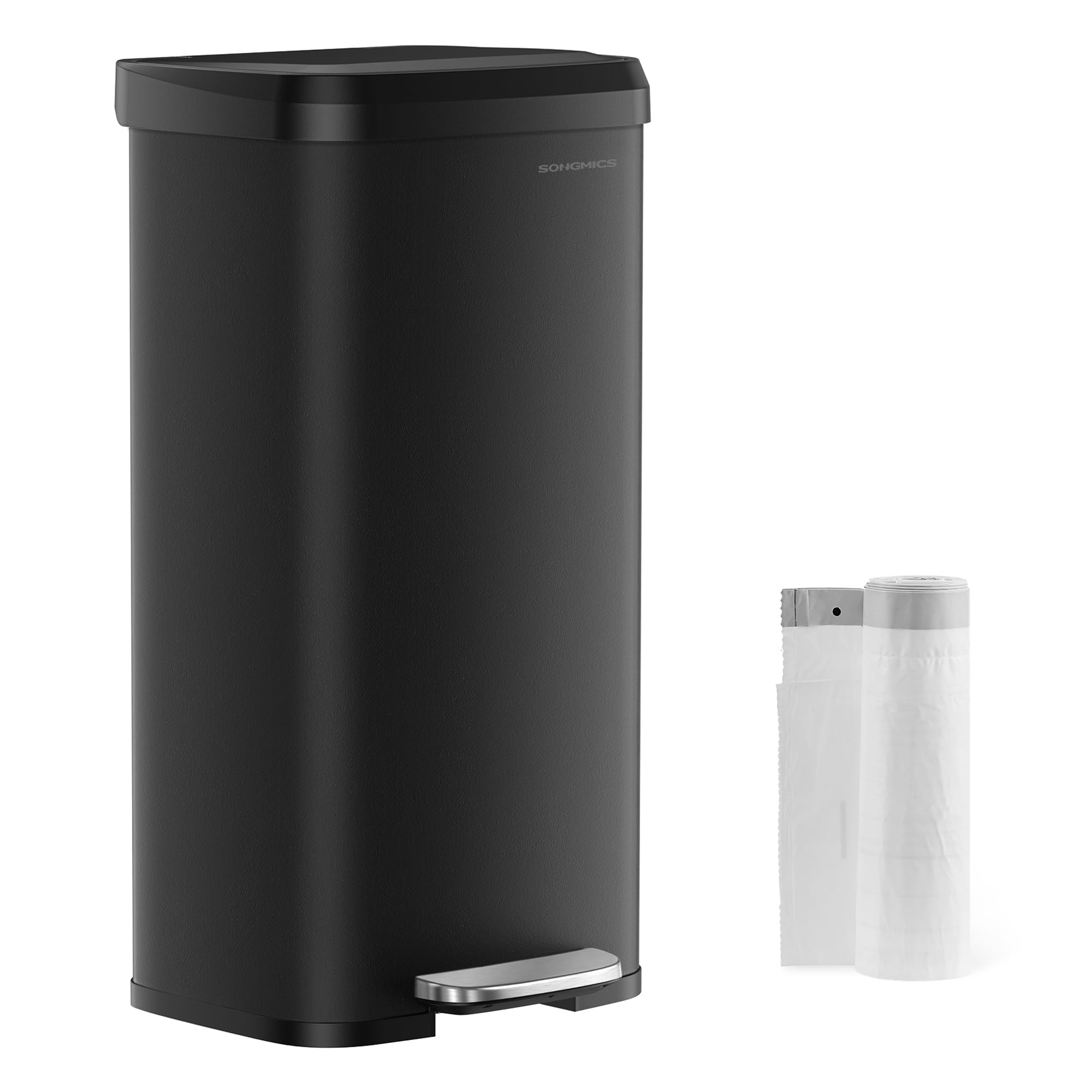 SONGMICS front view tall trash can showing slim space-saving profile