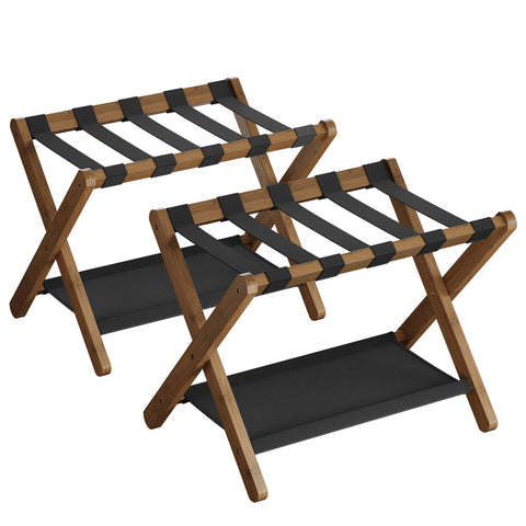 SONGMICS front view of walnut luggage rack showing sturdy bamboo frame and neat finish