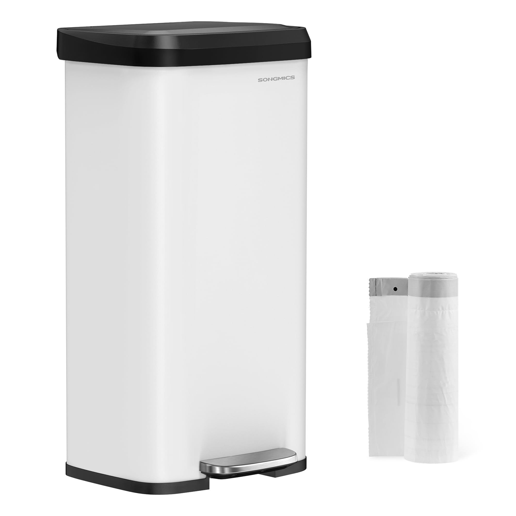 SONGMICS front view white and black steel can shows sleek kitchen fit