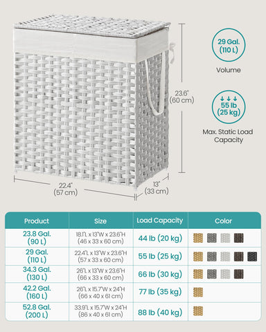 SONGMICS hamper beside ruler illustrating dimensions and space-saving benefit