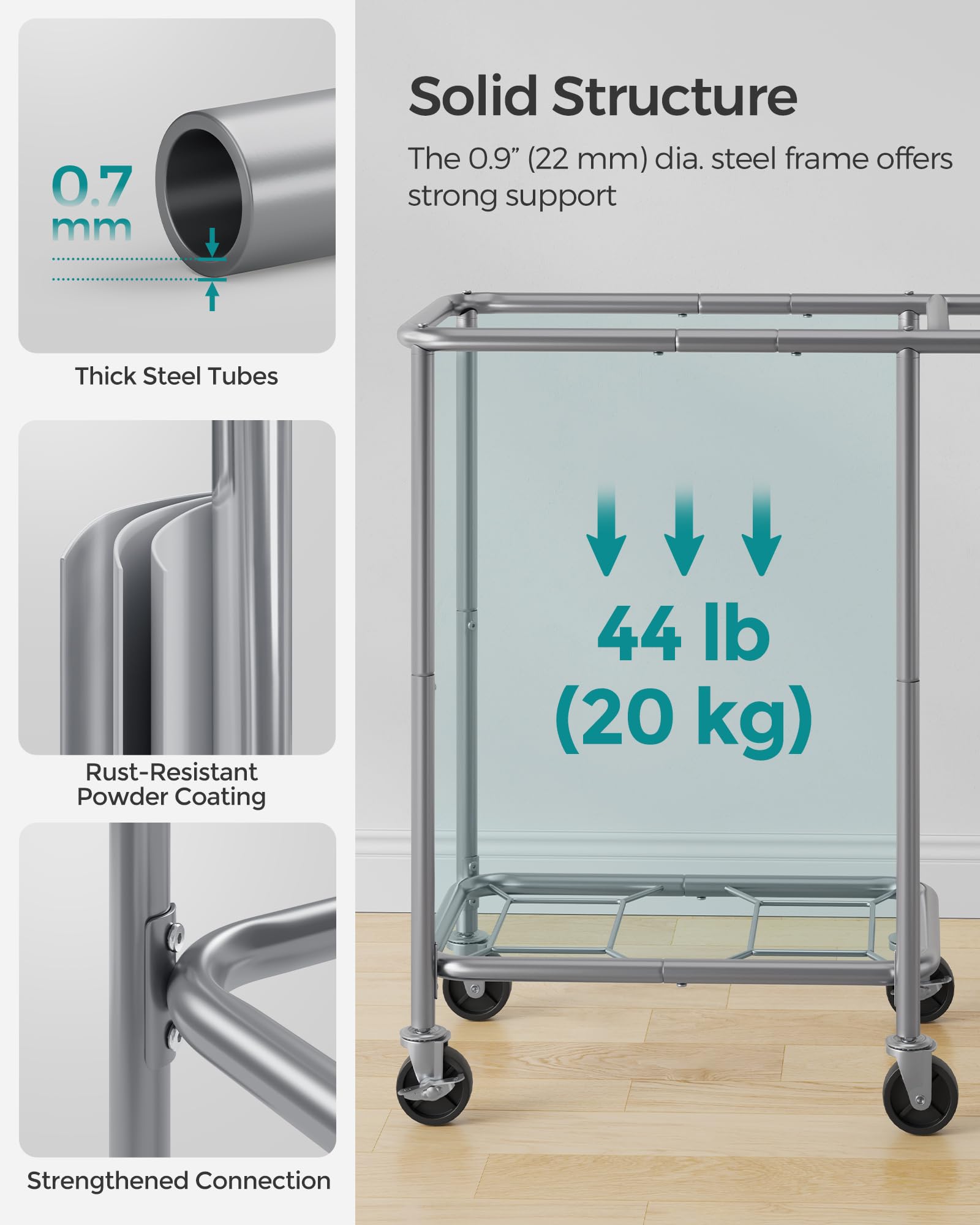 SONGMICS detailed steel frame and clasps showing sturdy 0.9 inch tubing for stability