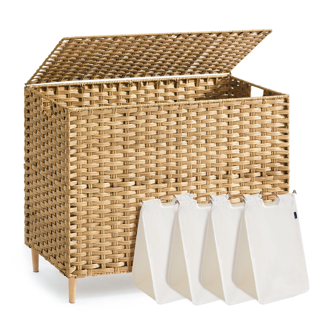 SONGMICS front view showing four-section lid and tidy storage benefit