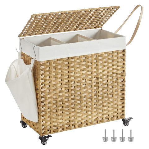 SONGMICS front view of rattan laundry hamper showing compact footprint and lid
