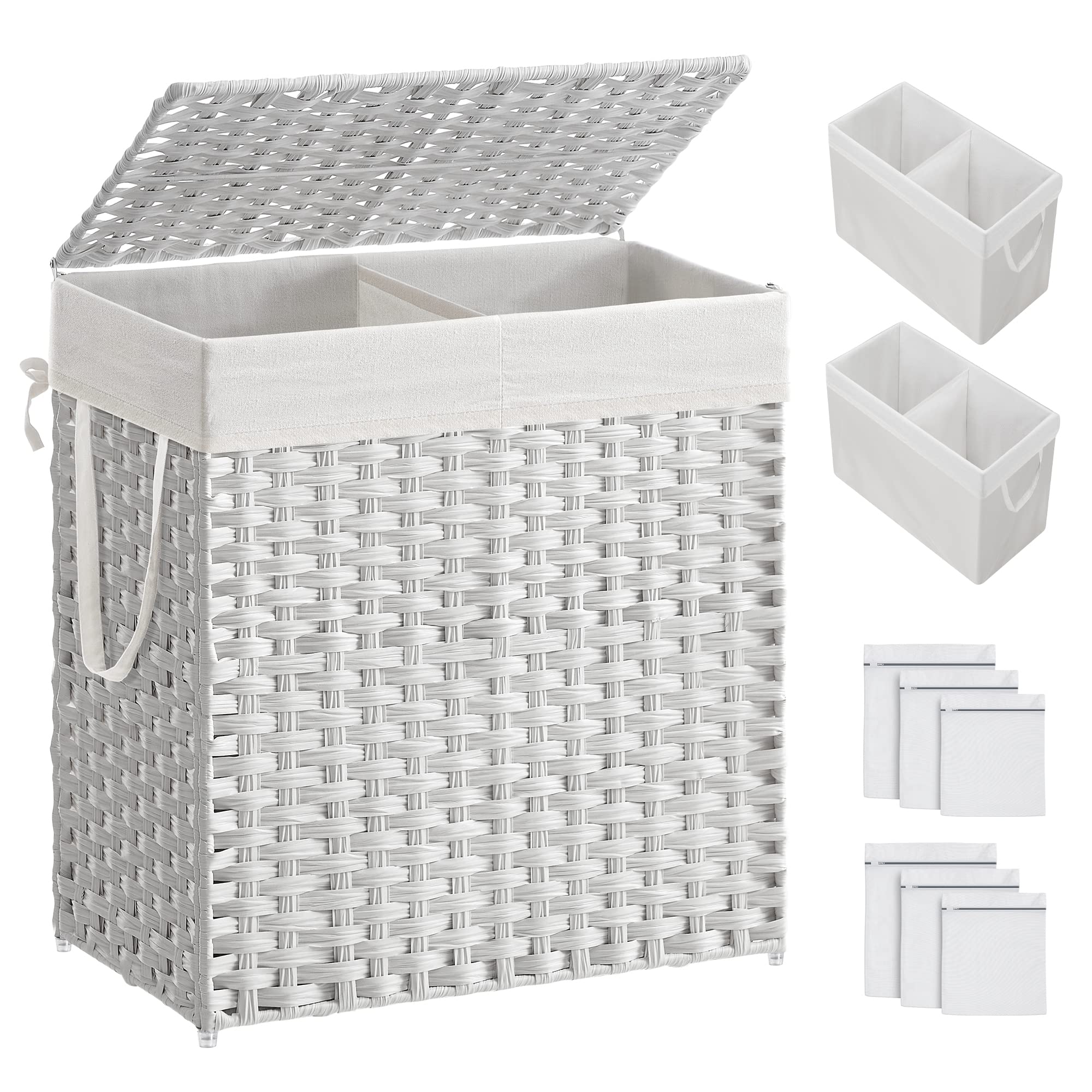 SONGMICS front view of double wicker hamper showing tidy storage benefit