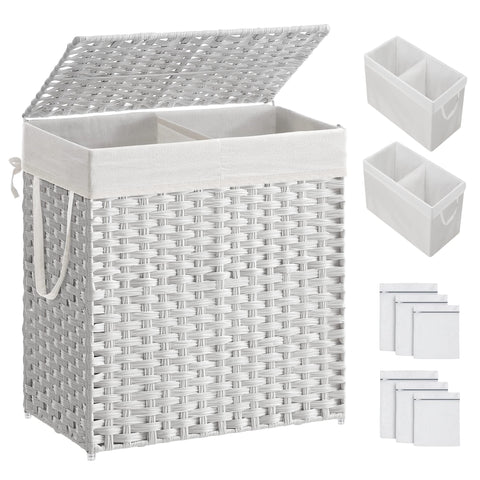 SONGMICS front view of double wicker hamper showing tidy storage benefit