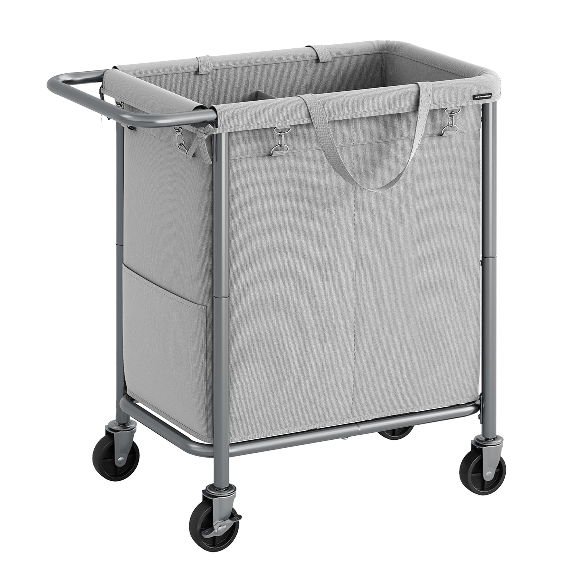 SONGMICS front view of two-section laundry basket showing organized compartments and easy access