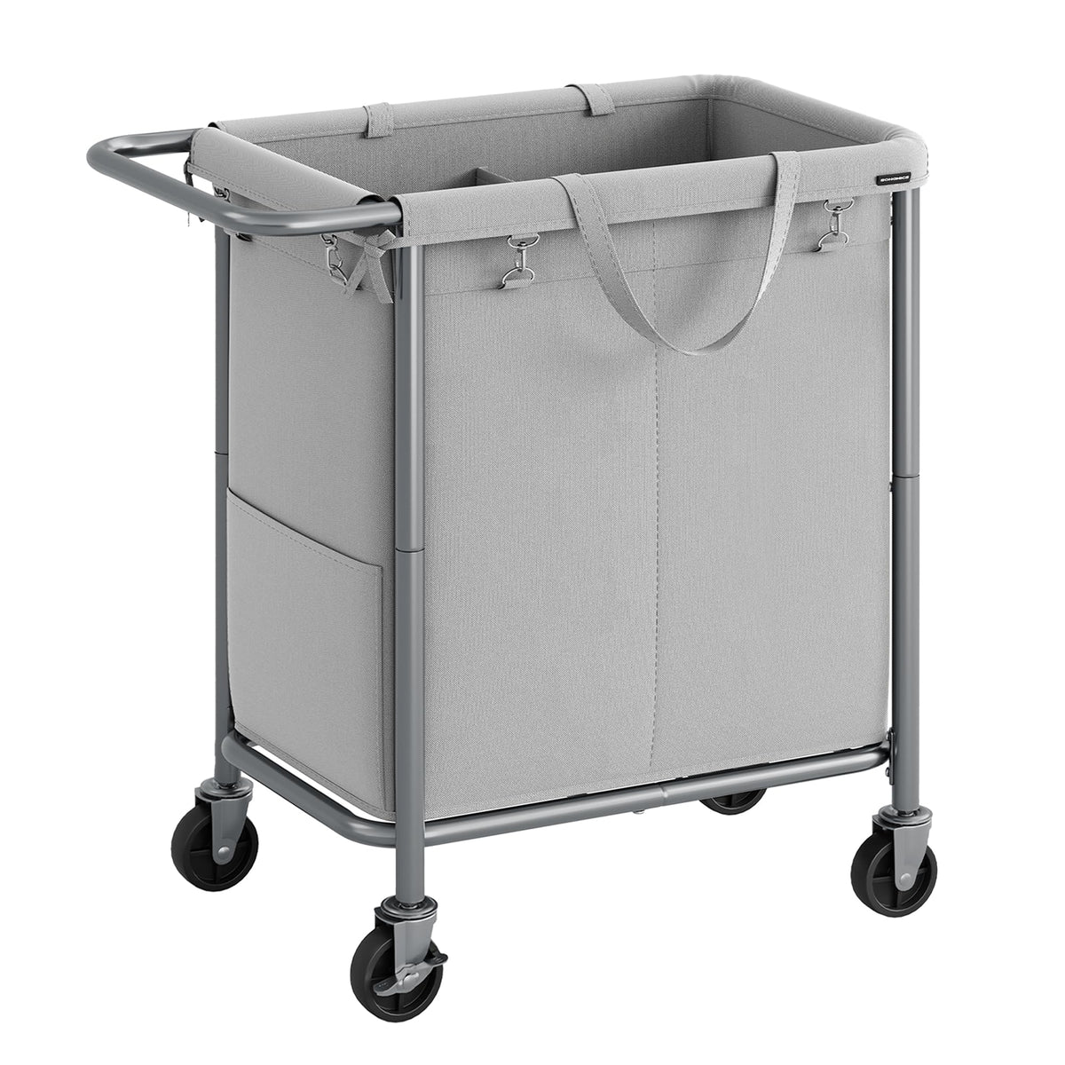 SONGMICS front view of two-section laundry basket showing organized compartments and easy access