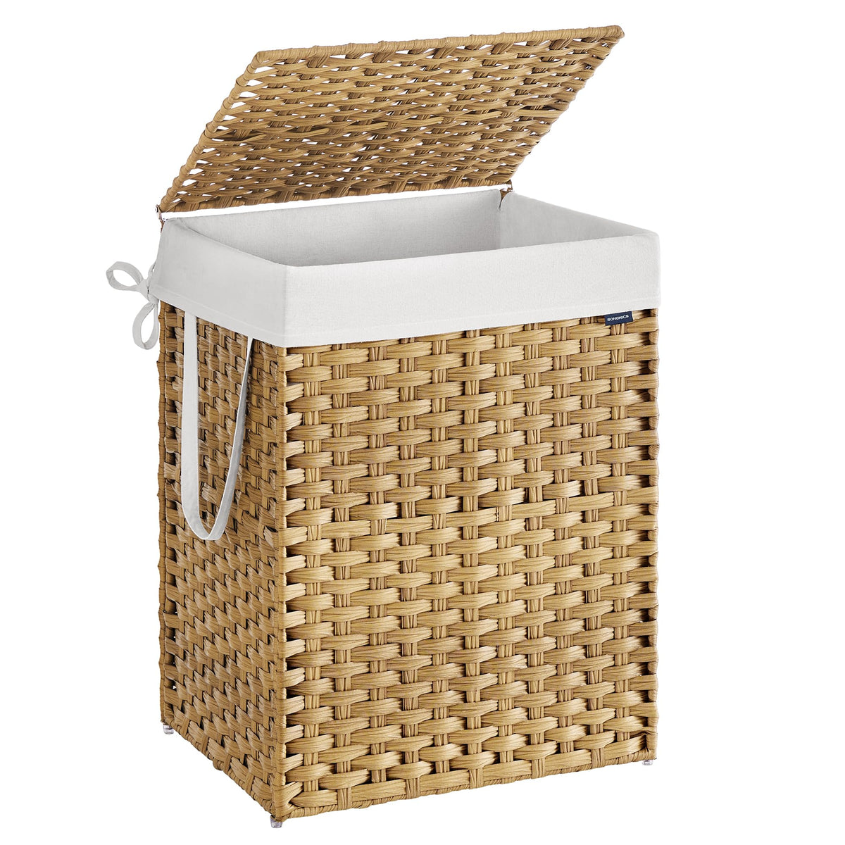 SONGMICS front view of laundry hamper showing lid and neat storage benefit