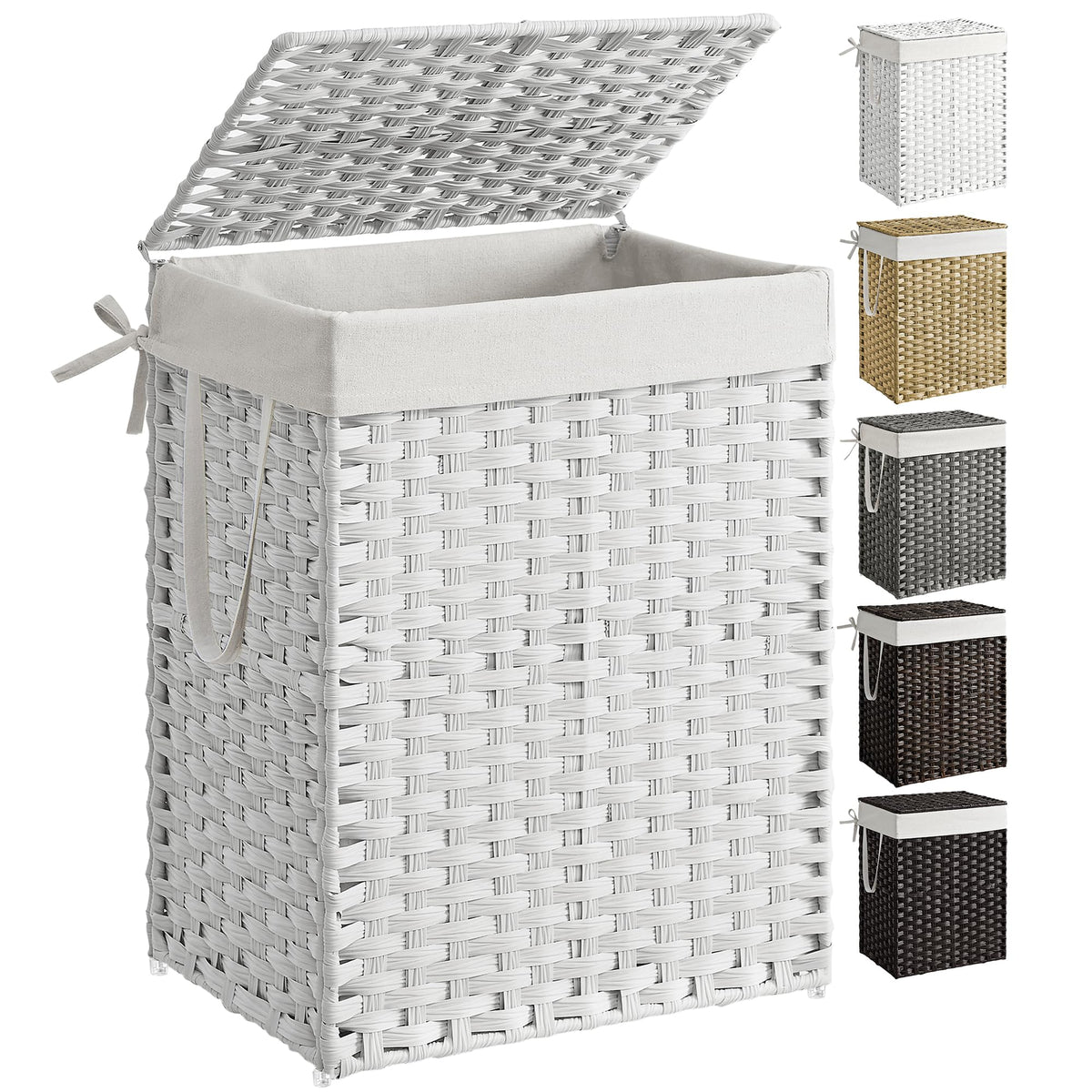 SONGMICS front view of hamper shows compact covered laundry storage
